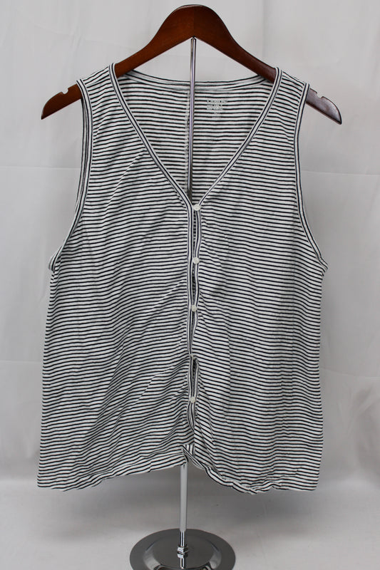 Land’s End Button Up Striped Tank Top, Black/White, Women’s XL