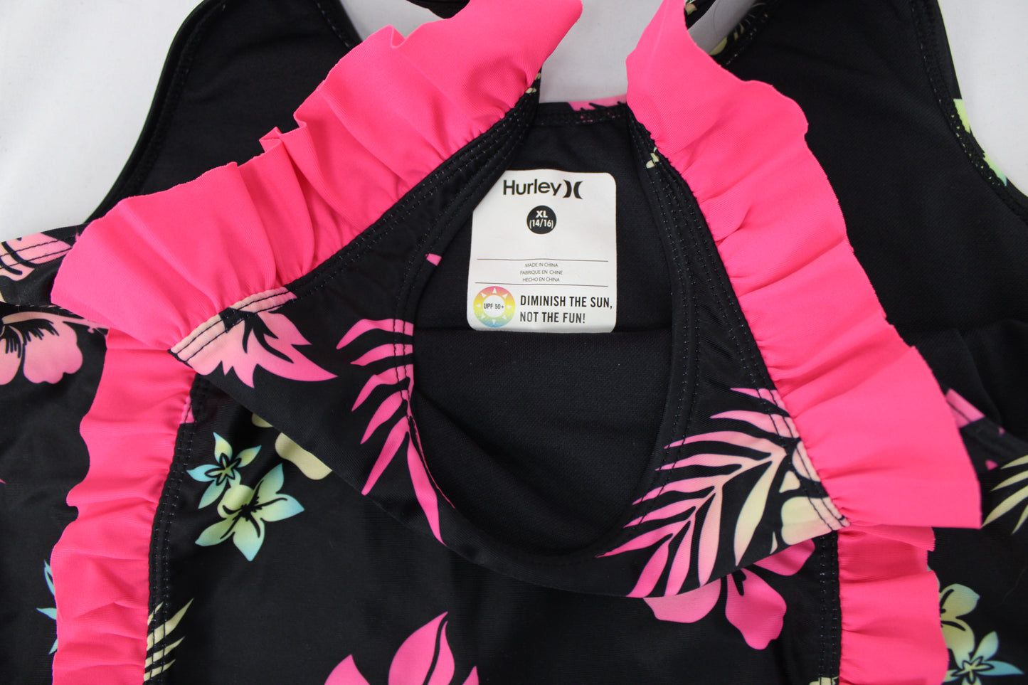 Hurley Tropical Two Piece Swimsuit, Black/Pink, Youth XL