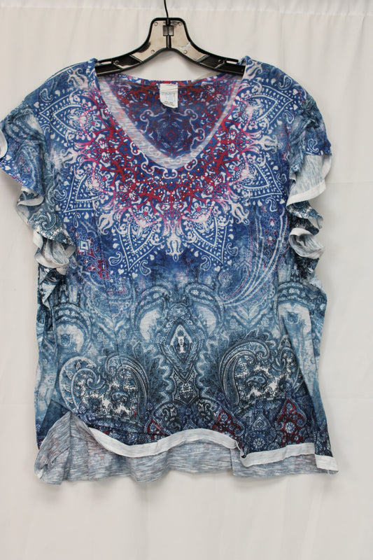 Time & Tru Short Sleeve Patterned Shirt, Blue, Women’s XXL