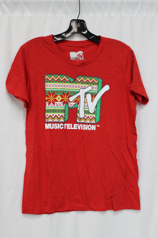 MTV Christmas Print Logo Short Sleeve T-Shirt, Red, Women’s L