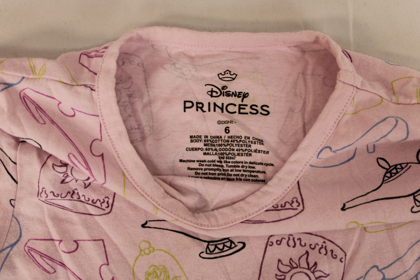 Disney Princess Patterned Tulle Lined Short Sleeve Shirt, Pink, Girls 6