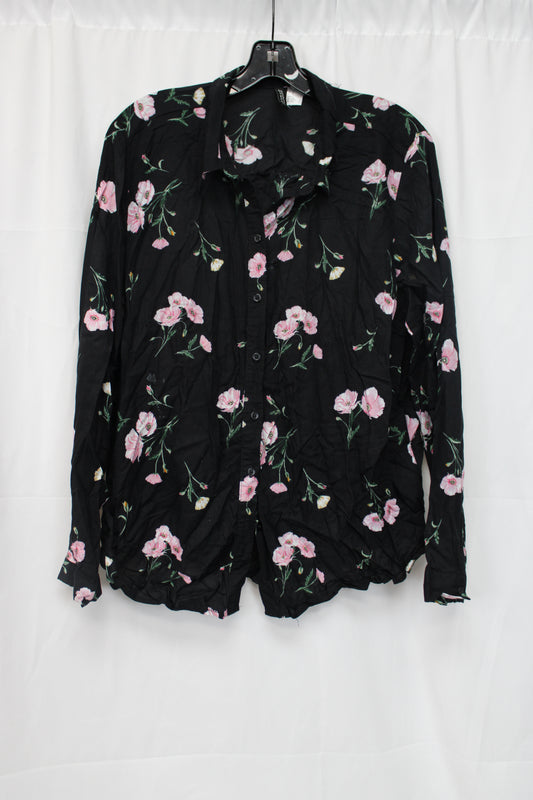 DVIDED Long Sleeve Floral Button Up Shirt, Black, Women’s L(12)