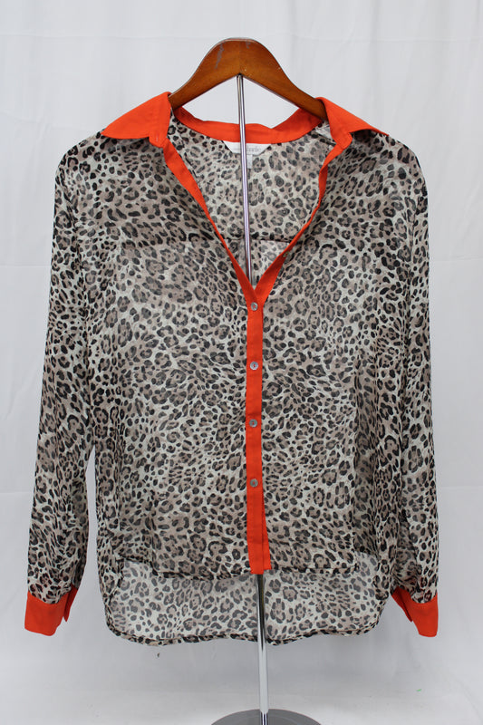 Charming Charlie Sheer Leopard Print Long Sleeve Button Up Blouse, Women’s S