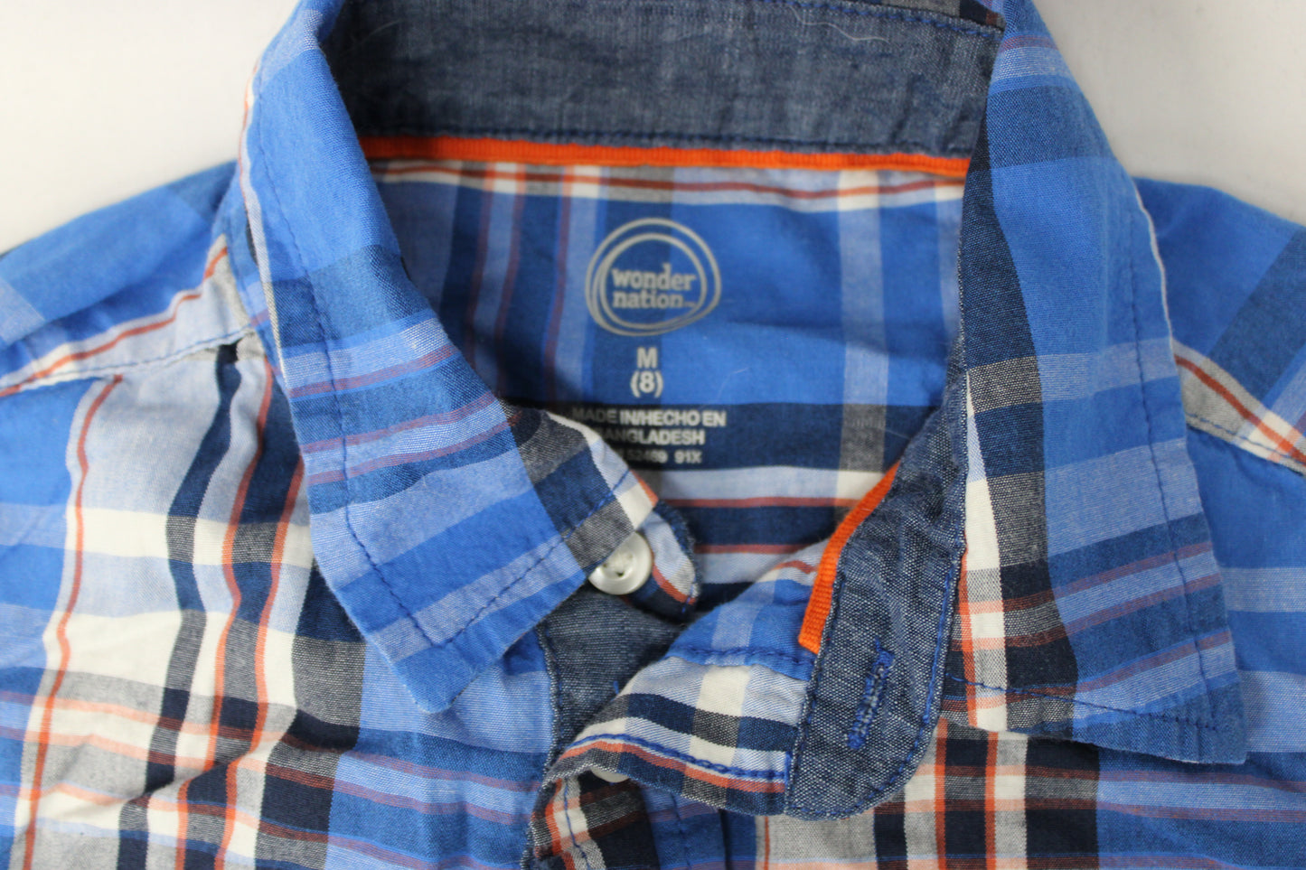 Wonder Nation Short Sleeve Plaid Button Up, Blue, Youth M (8)