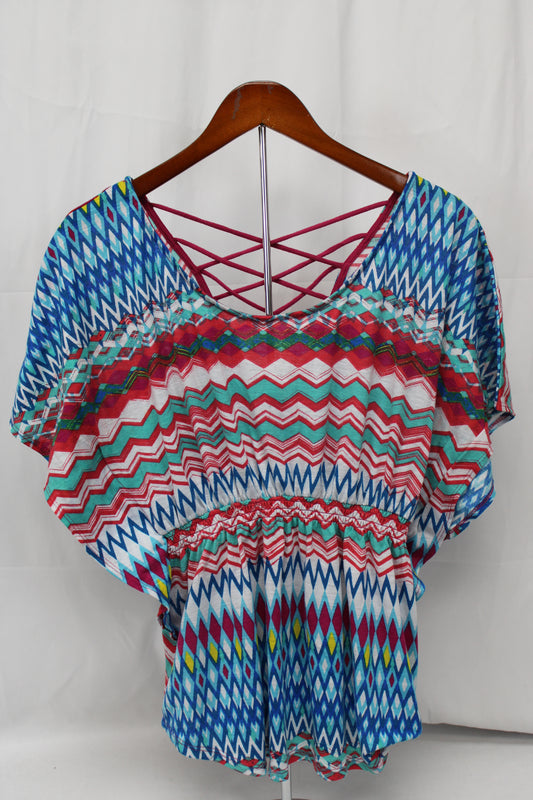 No Boundaries Short Sleeve Patterned Blouse, Multicolor, Women’s L