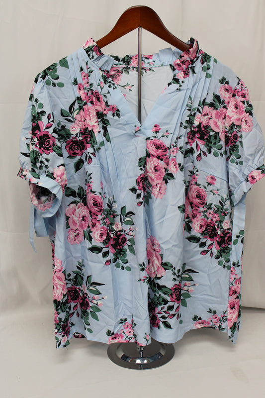 SHIEN Curve Short Sleeve Floral Blouse, Blue/Pink, Women’s XXXL