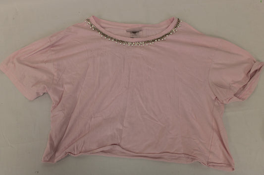 Girls Beaded Pearl Neckline Cropped Top, Pink, Girls L