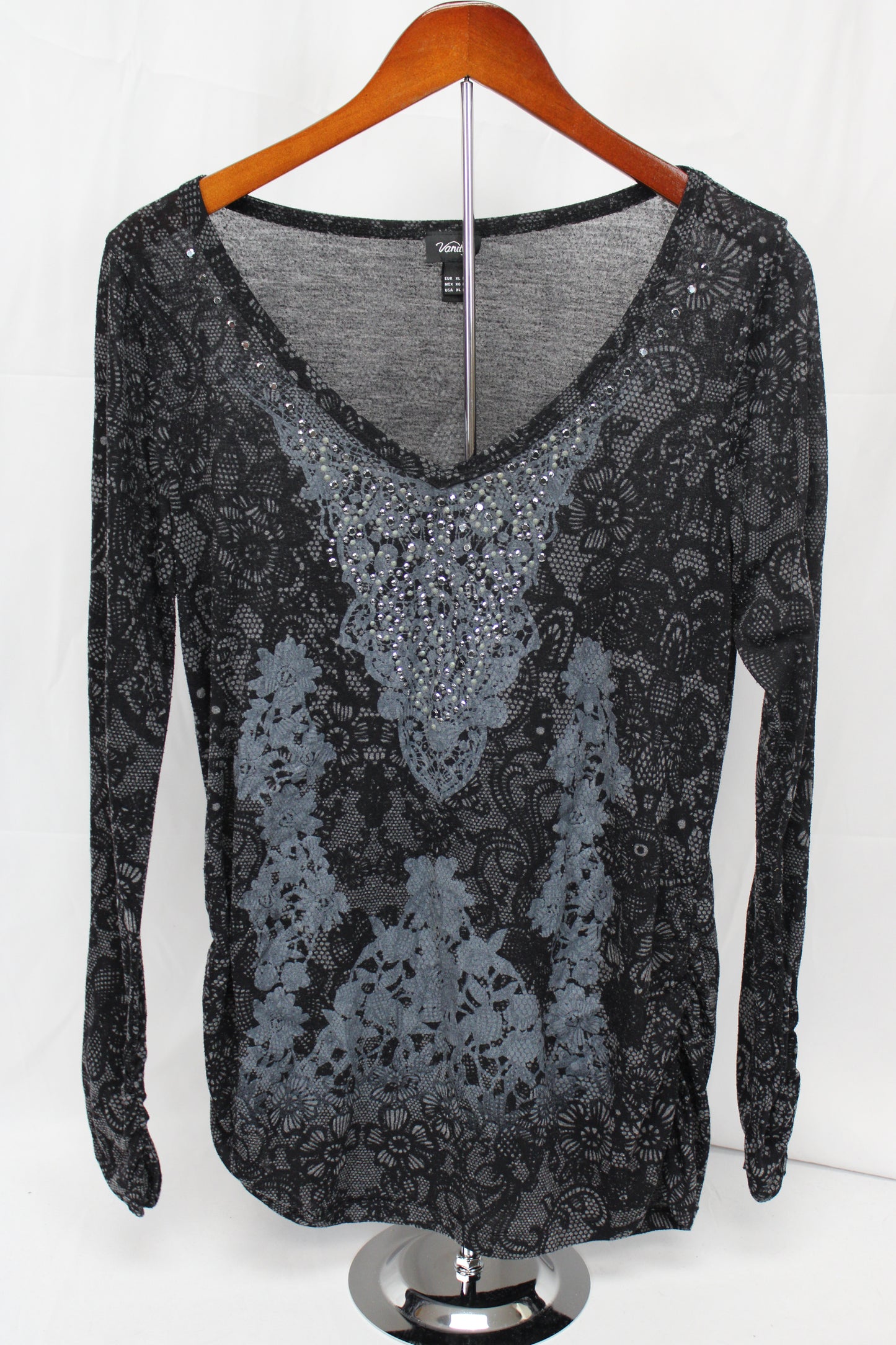 Vanity Long Sleeve Sheer Patterned Shirt, Black, Women’s XL