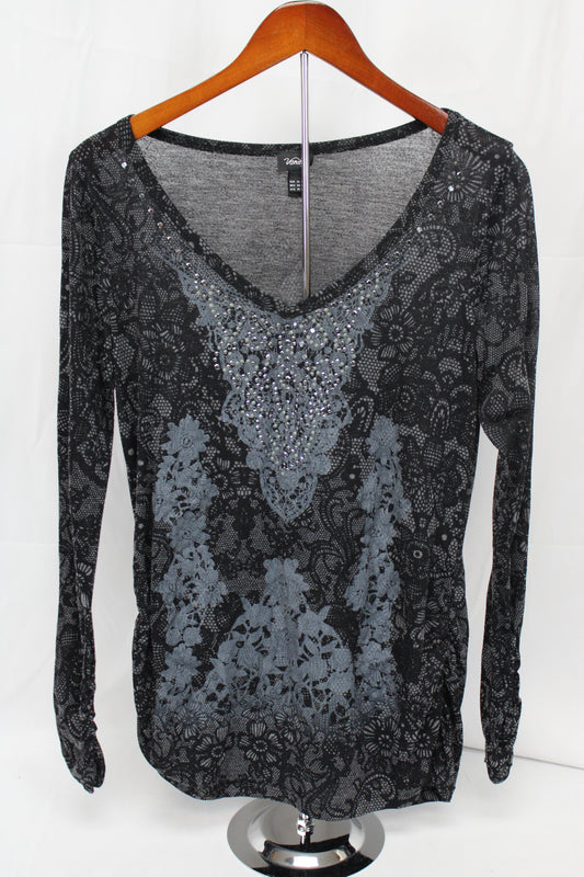 Vanity Long Sleeve Sheer Patterned Shirt, Black, Women’s XL