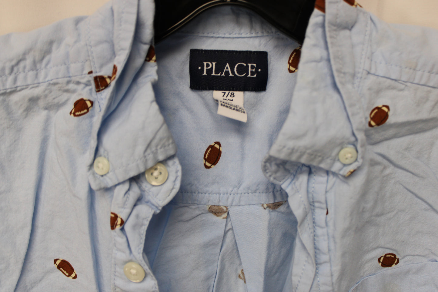Place Football Print Short Sleeve Button Up, Blue, Youth M (7/8)