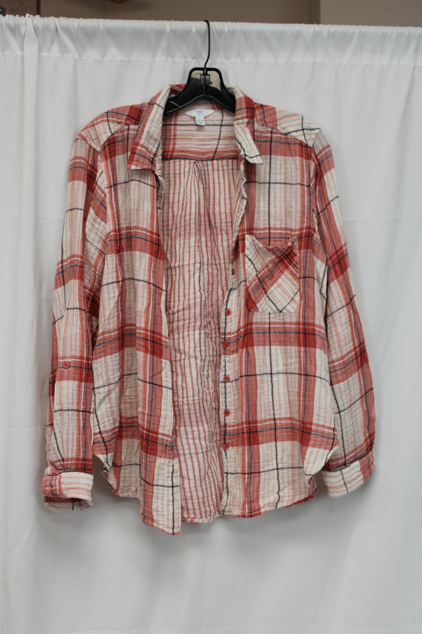Time & Tru Plaid Long Sleeve Flannel, White/Red, Women’s L