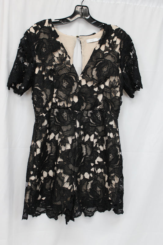 Lush Floral Lace Short Sleeve Romper, Black, Women’s L