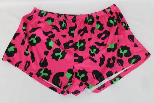Women’s Leopard Print Shorts, Pink/Black/Green, XL