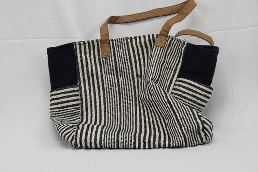 Burlap oversized tote bag, navy/white