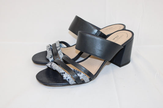Clark's mid heel sandal, navy/silver, Women's 9