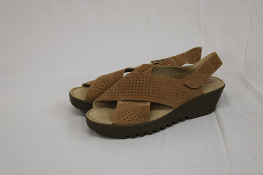 Skechers memory foam platform wedge sandal, brown suede, Women's 9