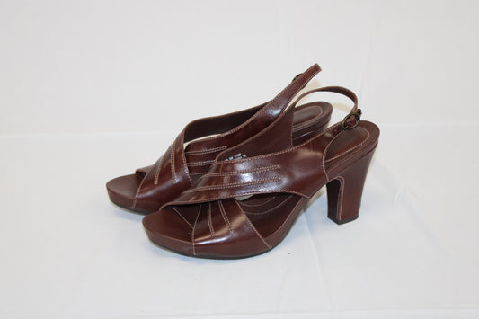 Clark's ankle strap heel sandal, brown leather, Women's 8