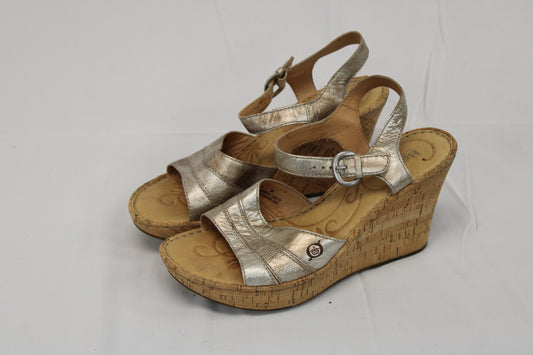 Born Footwear wedge heel sandal w/ ankle strap, pewter metallic, Women's 8