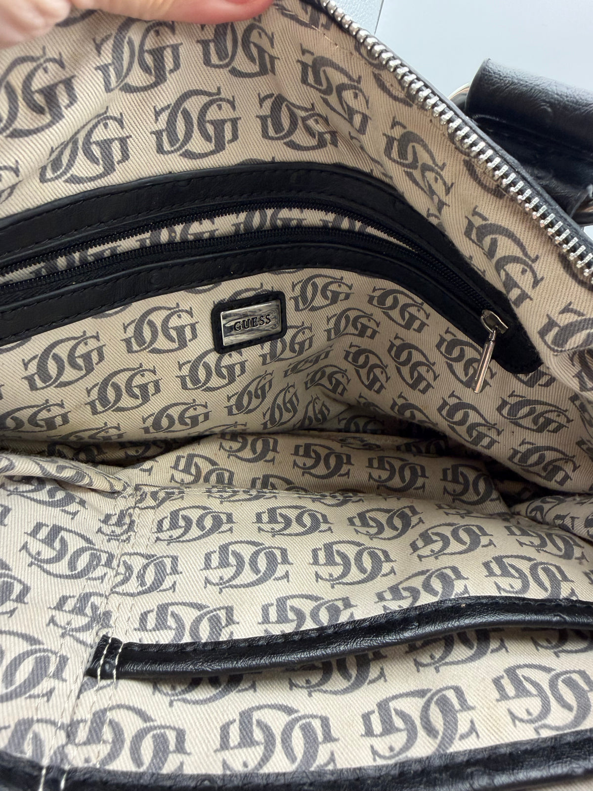 Guess Black Ostrich Print Shoulder Bag with silver hardware