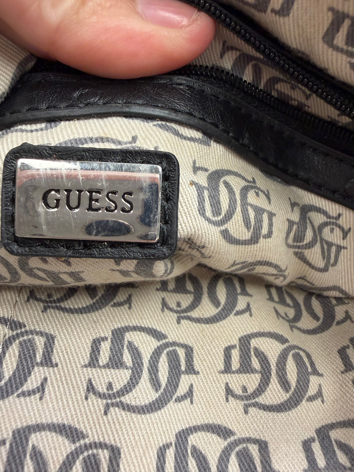 Guess Black Ostrich Print Shoulder Bag with silver hardware