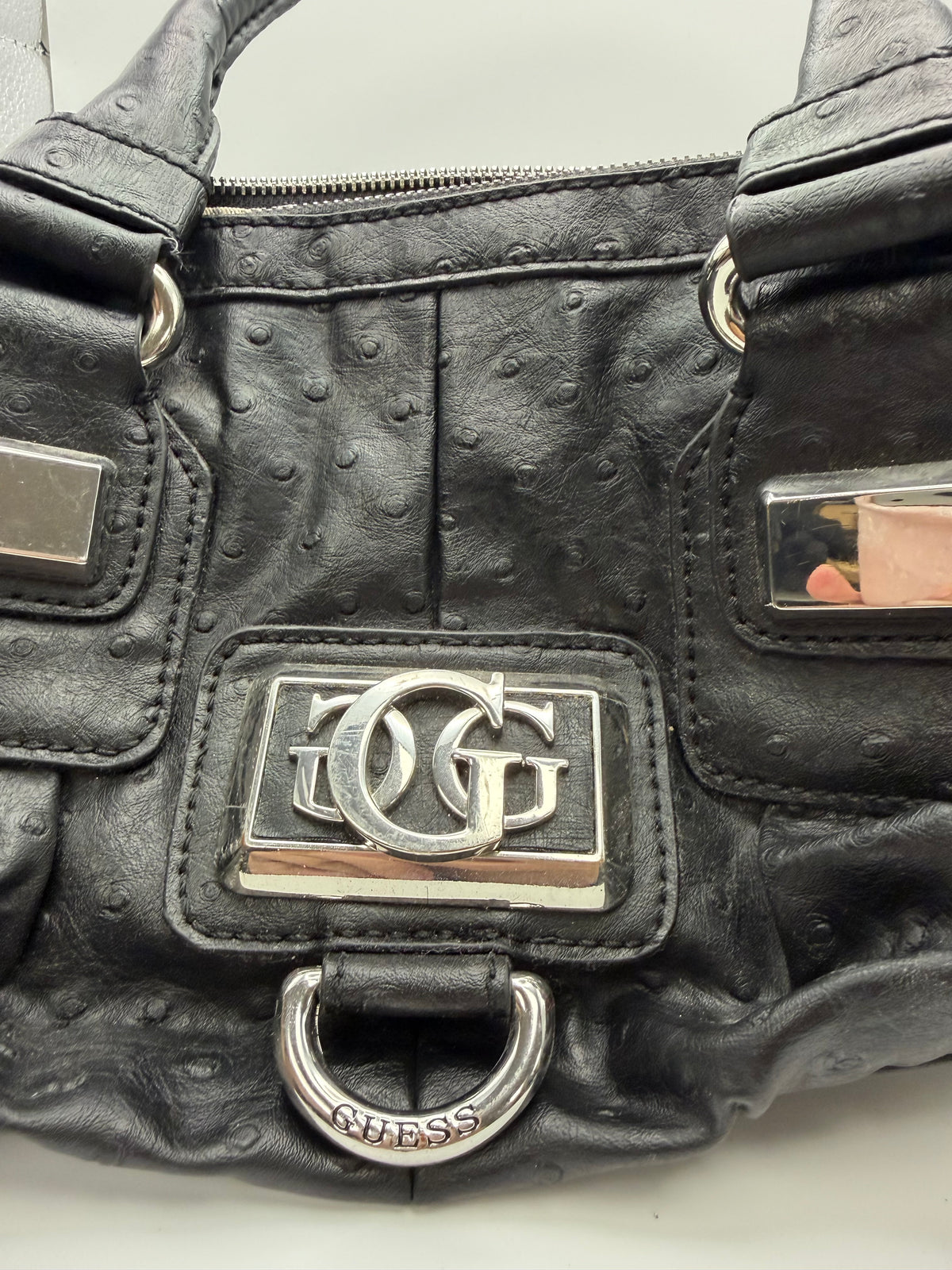Guess Black Ostrich Print Shoulder Bag with silver hardware