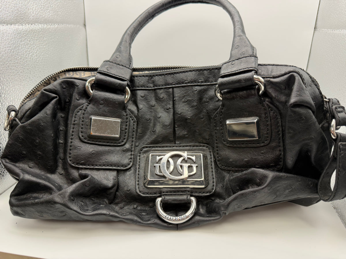 Guess Black Ostrich Print Shoulder Bag with silver hardware