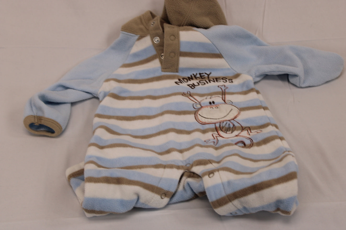 Unisex fleece hooded sleeper, "Monkey Business", 3-6M