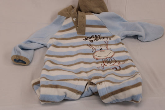 Unisex fleece hooded sleeper, "Monkey Business", 3-6M