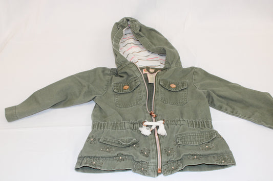 Denim full zip jacket with hood, green, Girl's 18M