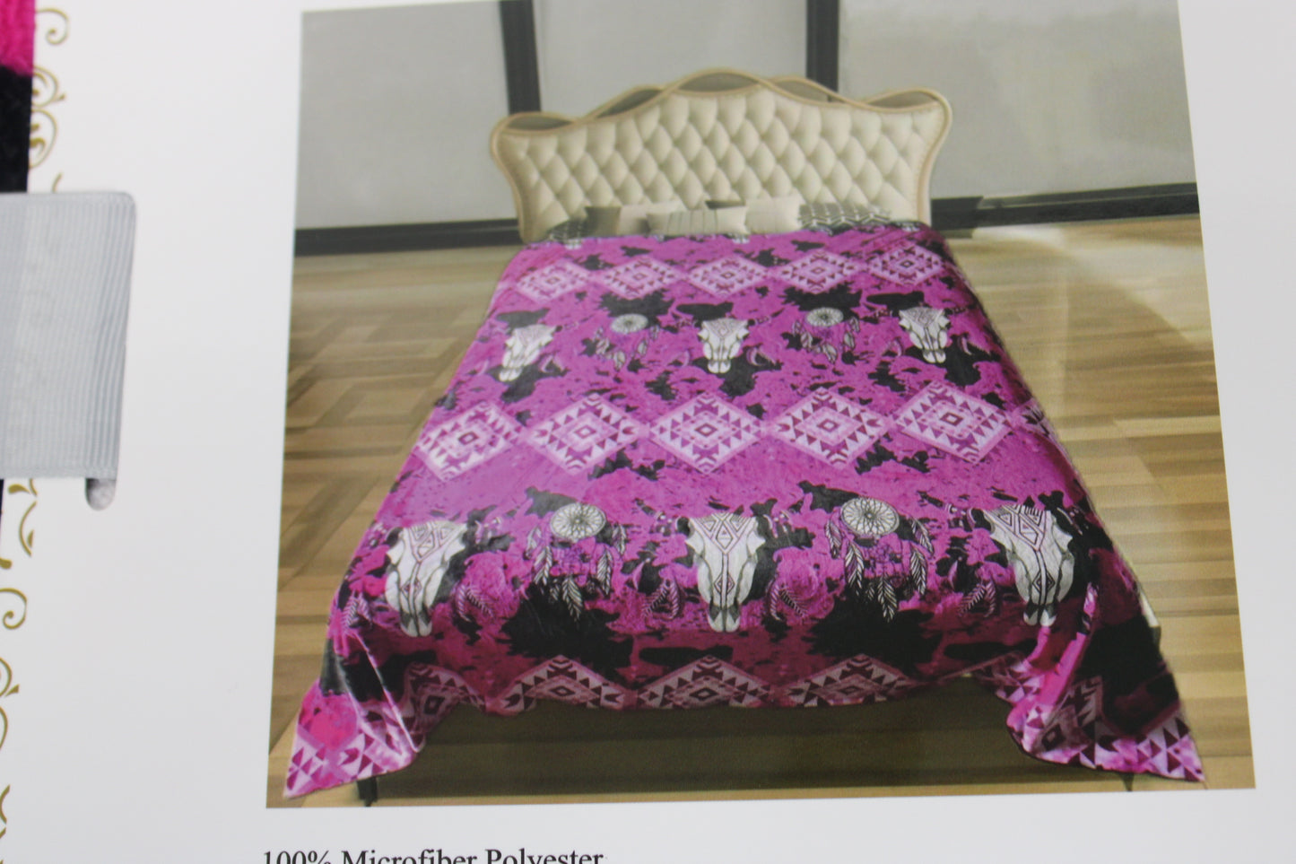 Tribal patterned Queen fleece blanket, pink/blk