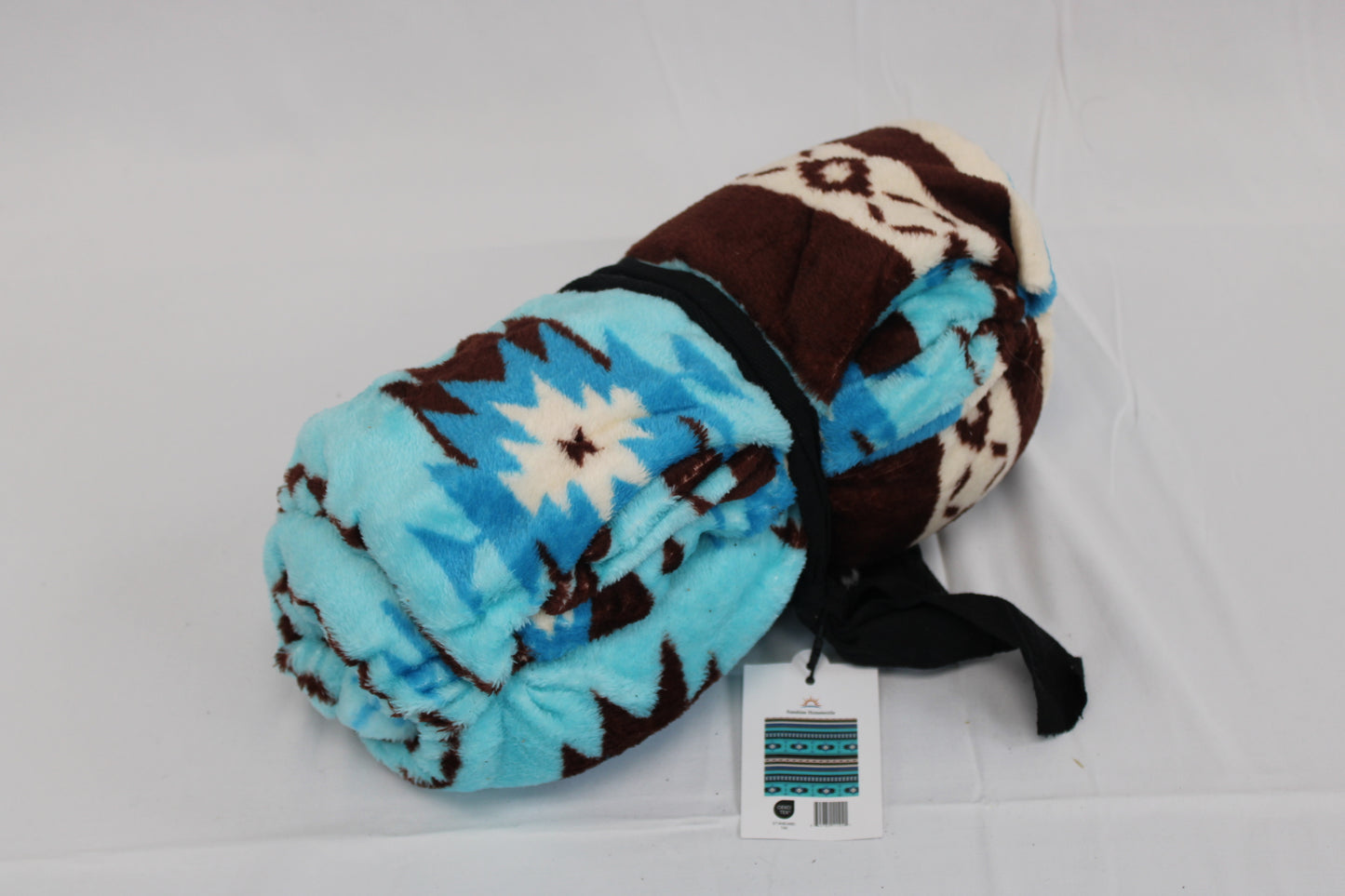 Tribal patterned fleece throw blanket, turquoise/blk