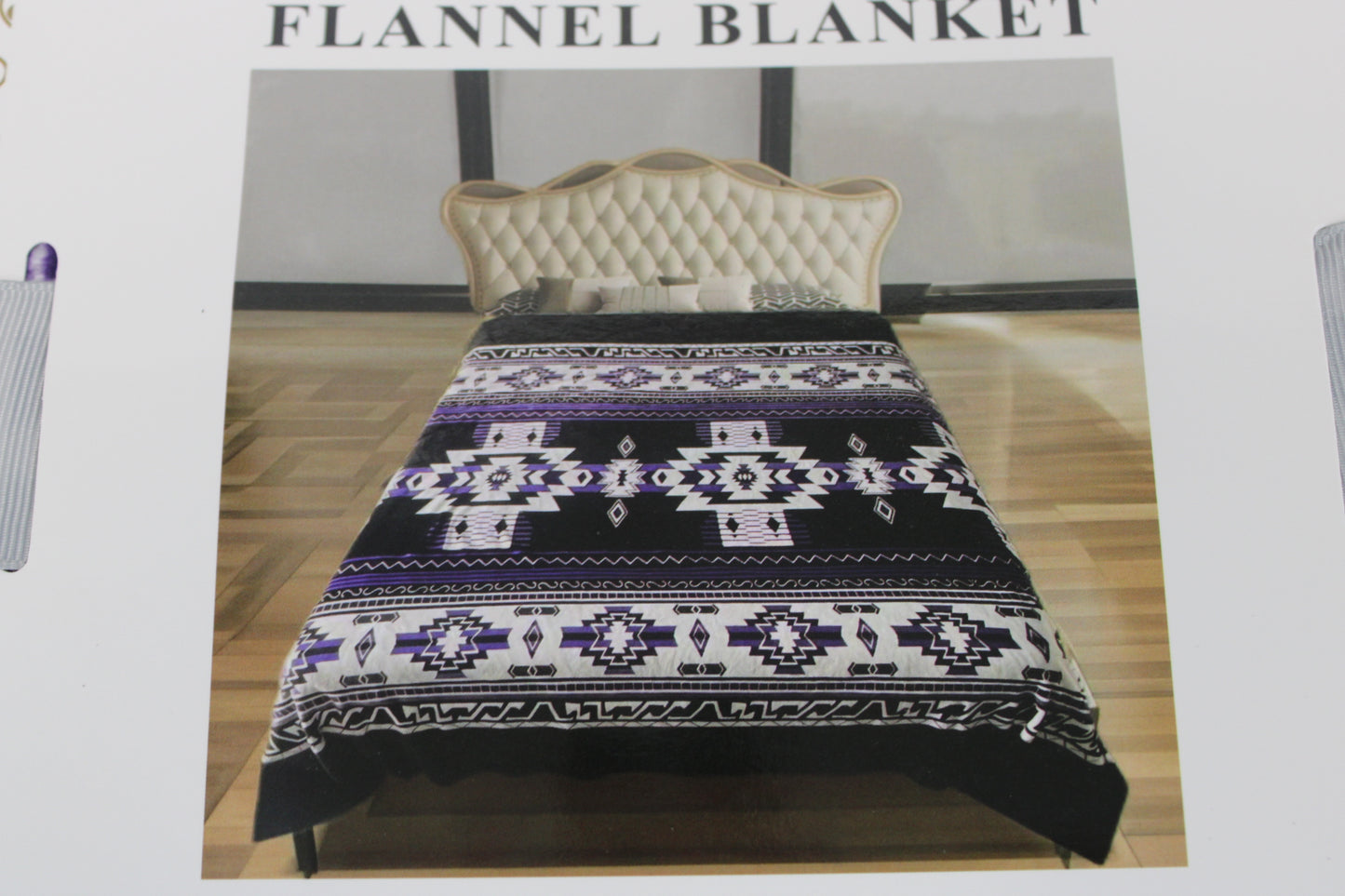 Tribal patterned Queen fleece blanket, purple/blk