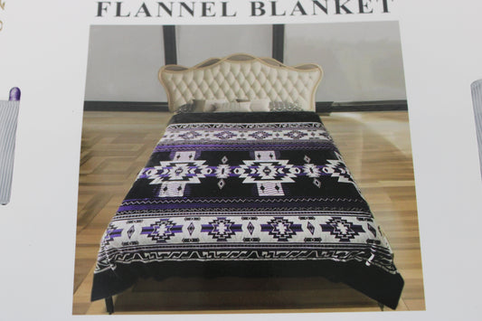 Tribal patterned Queen fleece blanket, purple/blk