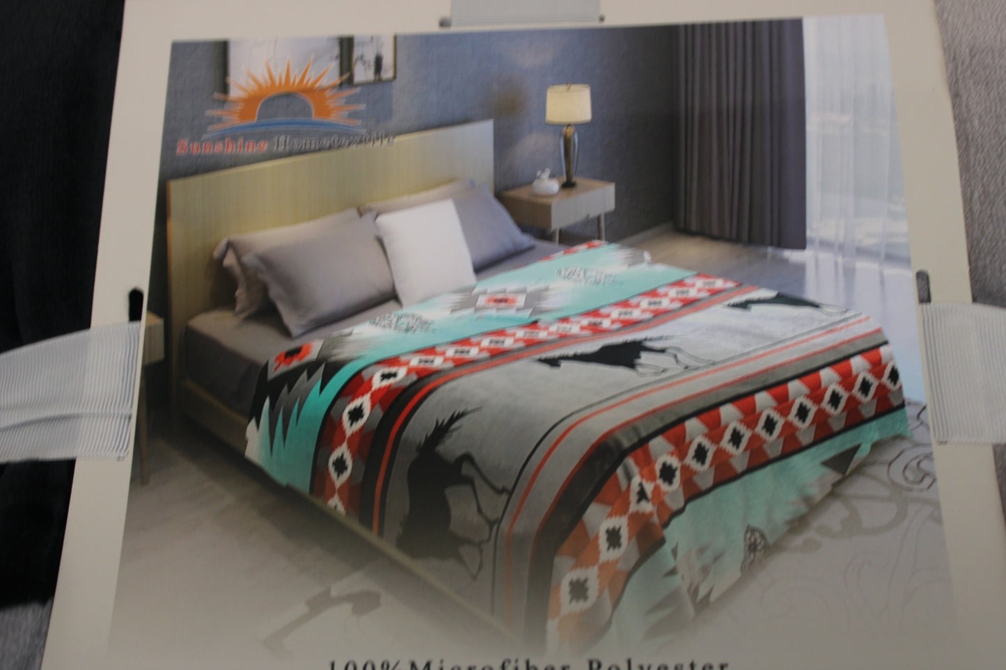 Tribal patterned King fleece blanket, gray/turquoise