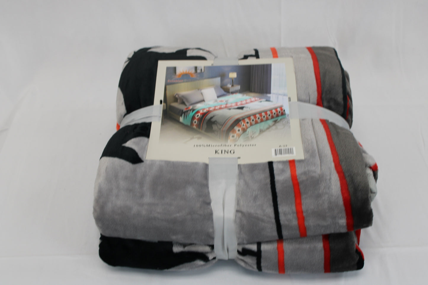 Tribal patterned King fleece blanket, gray/turquoise