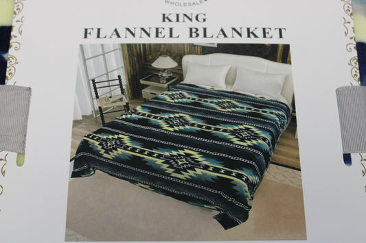 Tribal patterned King fleece blanket, blue/green