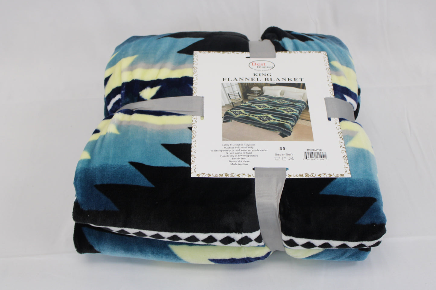 Tribal patterned King fleece blanket, blue/green