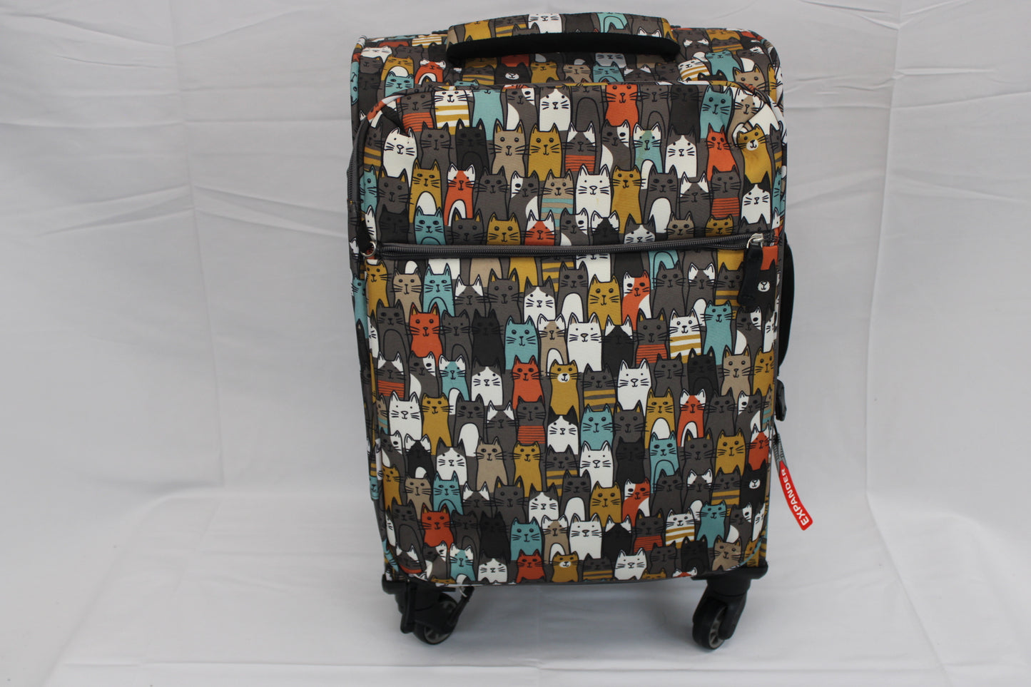 Carry on size expandable suitcase with rollers, cat themed