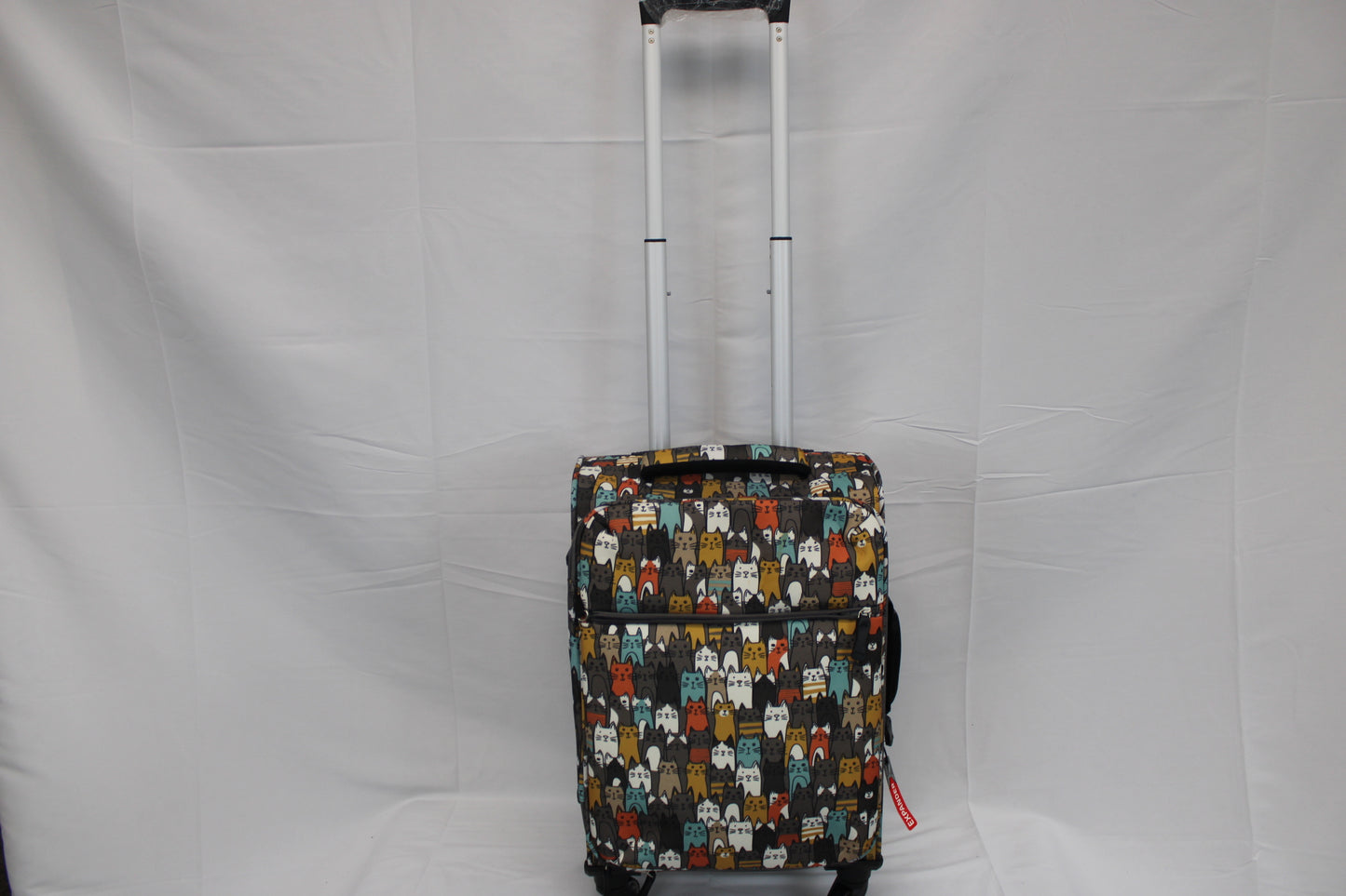 Carry on size expandable suitcase with rollers, cat themed