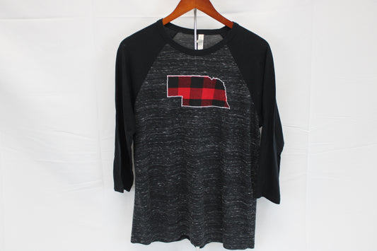 Nebraska plaid flannel 3/4 sleeve graphic t-shirt, Women's L
