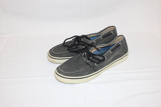 Sperry Striper canvas boat shoe, black/white, Men's 10.5
