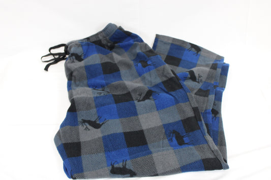 Fleece lined polyester lounging pants, blue plaid, Men's XL
