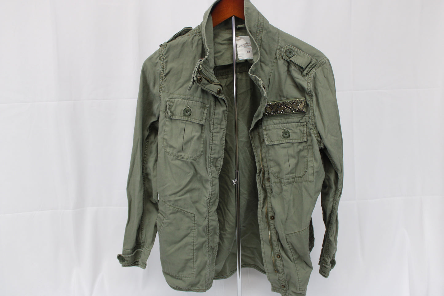 H & M full zip denim flight jacket, olive, Women's 6