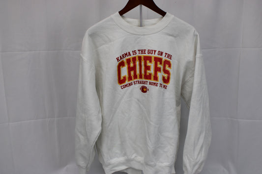 Taylor Swift Karma is the Guy on the Chiefs crewneck sweatshirt, Women's L