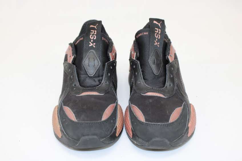Puma RS-X retro running sneaker, blk/rose gold no laces, Women's 8