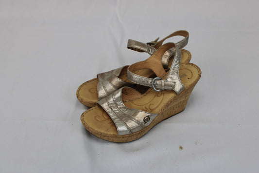 Born cork wedge heel platform sandal, metallic taupe, Women's 8