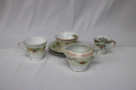Noritake antique mismatched Japanese Tea set, 2 saucers, 3 cups, 1 cream bowl