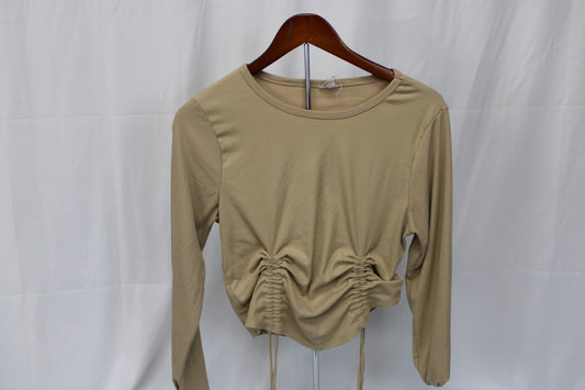 One Step Up cropped, ribbed long sleeve blouse, beige, Women's XL