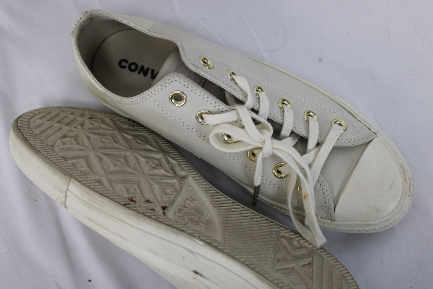 Converse All Star classic low top sneaker, white leather upper, Women's 8.5