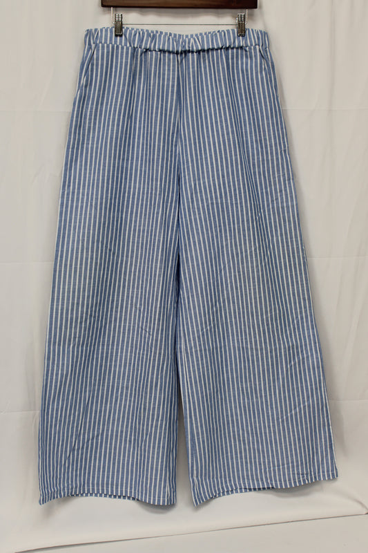 Polyester wide leg trouser pants, blue striped, Women's XXL